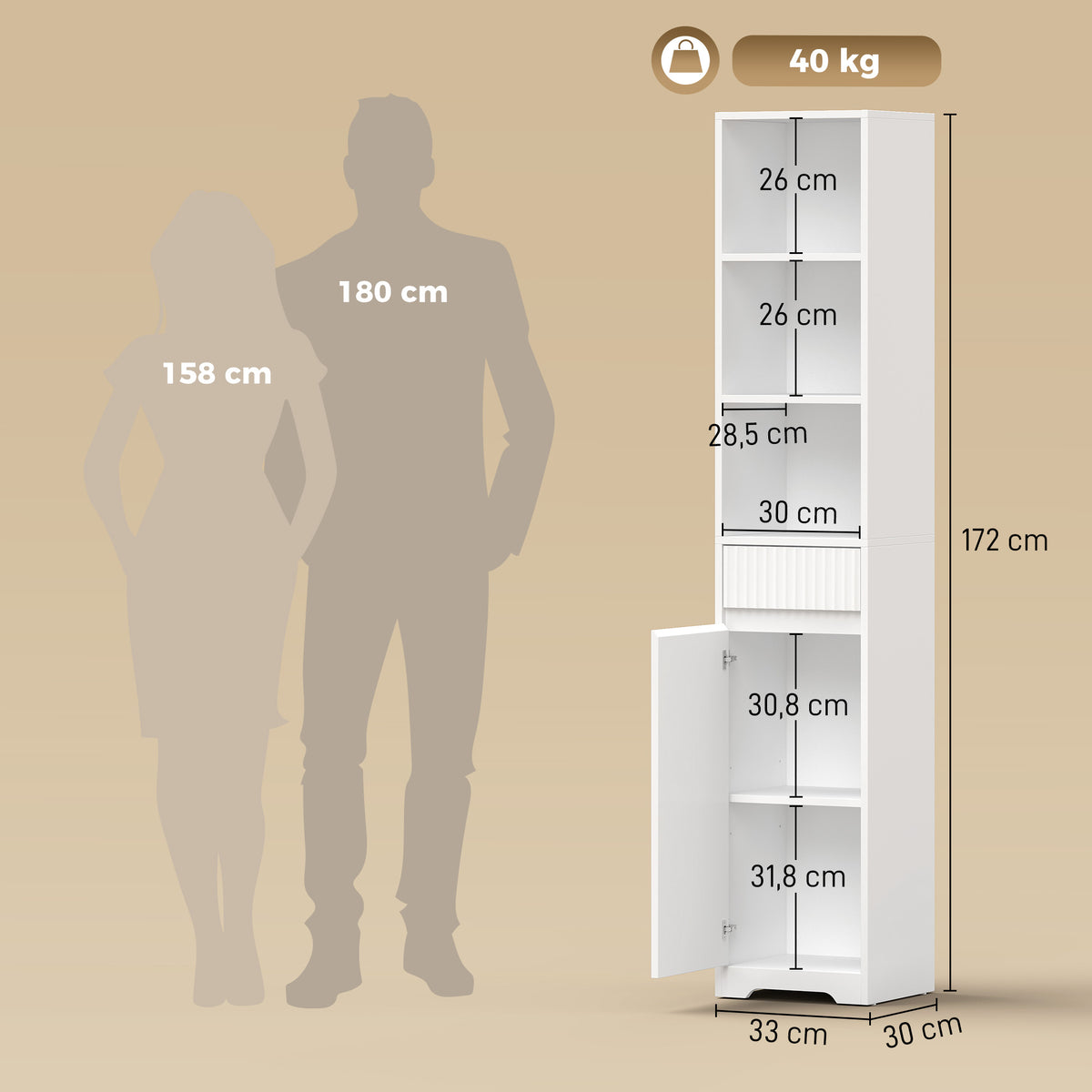 Meuble de salle de bain haut, meuble de rangement avec porte, tiroir, compartiments ouverts, étagère réglable, blanc-2