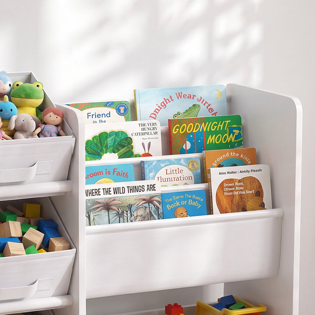 Meuble Rangement Enfant à 3 Niveaux avec 4 Porte-livres, 3 Bacs en Tissu et Compartiment, 64,5 x 30 x 66 cm, Blanc-9
