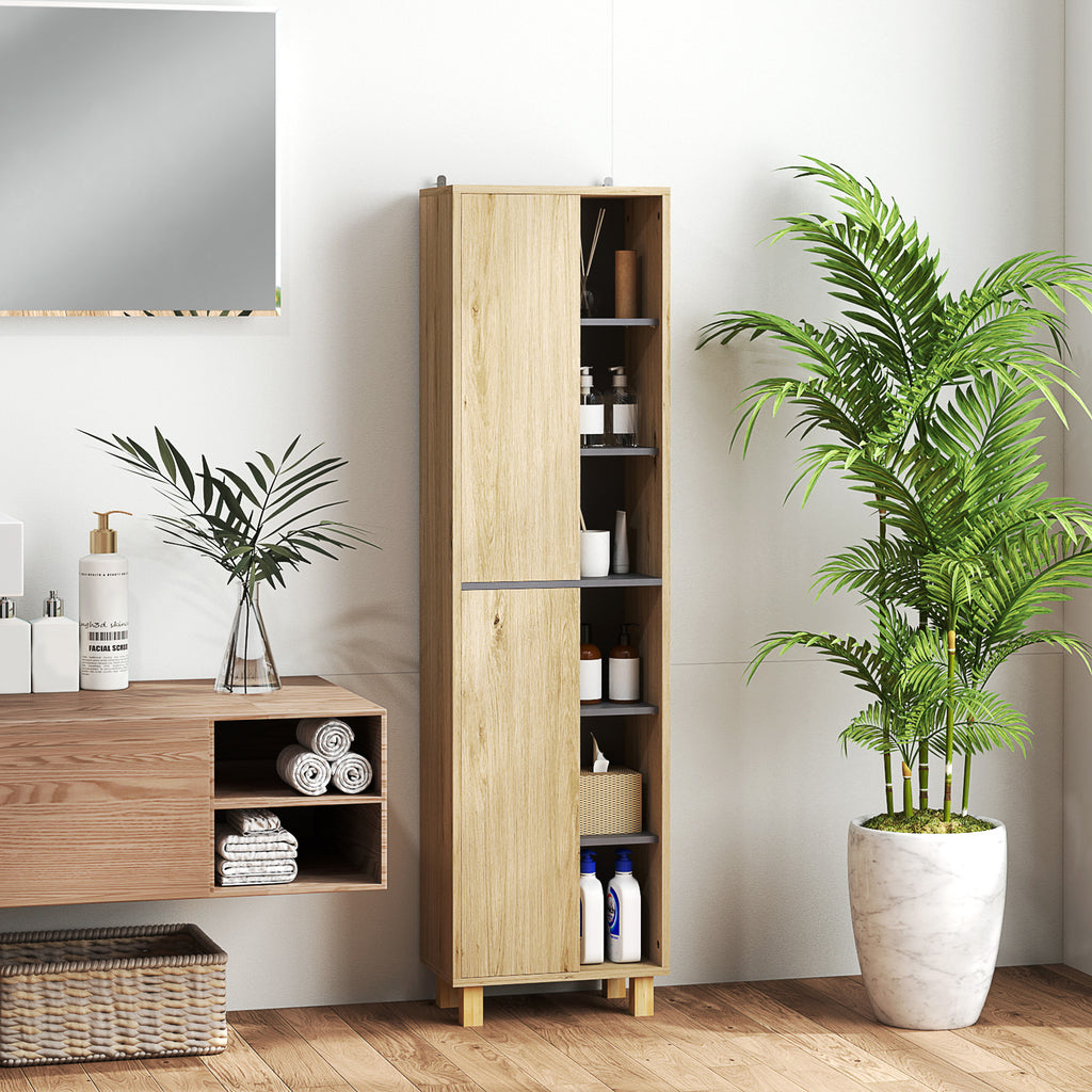 Meuble colonne salle de bain, armoire de salle de bain avec 6 compartiments ouverts et 2 placards, bois naturel-9