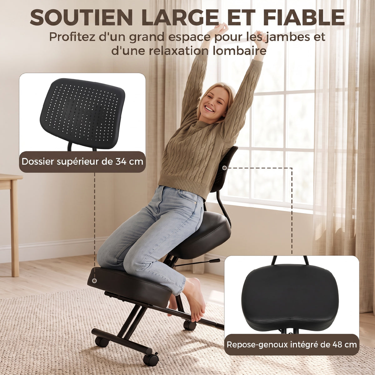 Chaise à Genoux Ergonomique avec Dossier, Siège Assis Genoux Réglable en PU sur Roulettes, Noir-4