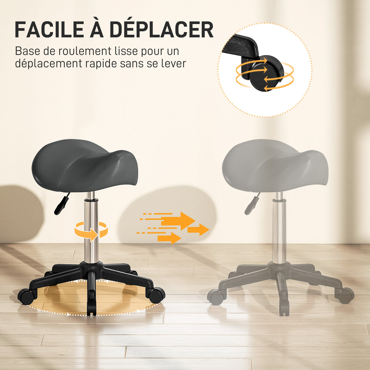 Tabouret à roulettes, chaise de travail avec hauteur réglable 45-57 cm et selle ergonomique, 48x47x45-57cm, gris-4