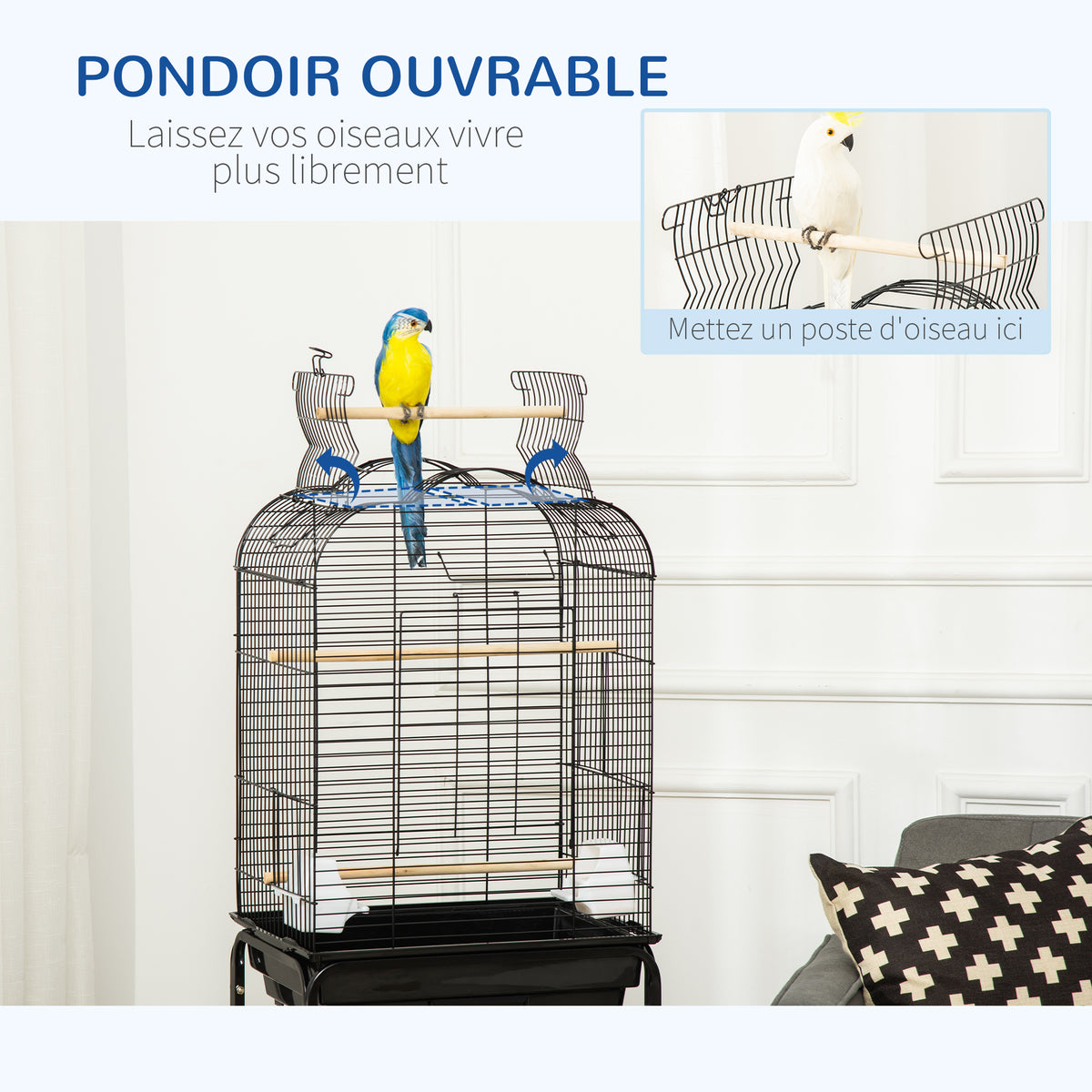 Cage à oiseaux volière pour oiseaux sur roulettes avec toit ouvrant 3 perchoirs étagère inférieure 46 x 36 x 130 cm noir-4