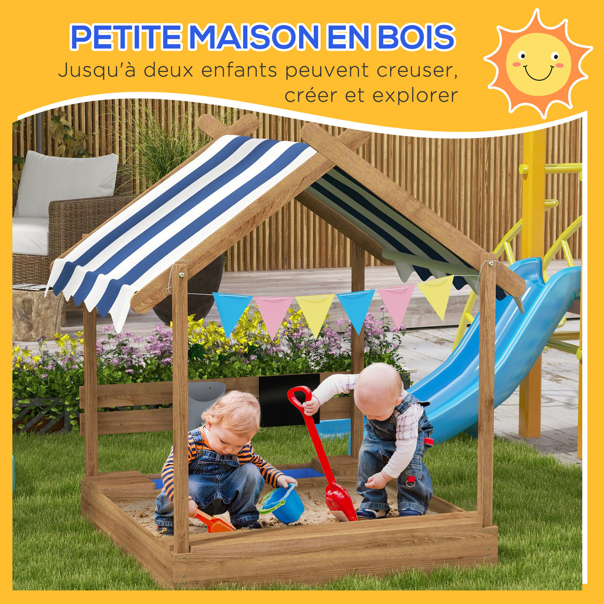Bac à sable bois forme de maison pour enfant avec auvent 2 bacs évier tableau 124 x 116 x 146 cm noir-3
