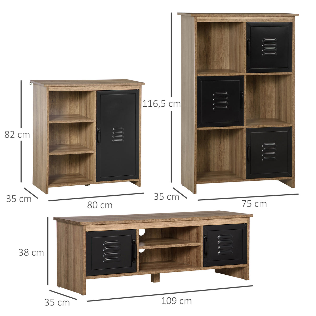 Ensemble Buffet Bibliothèque et Meuble TV Industriel 2 Passe-Fils Multi-rangement Aspect Bois veinage Portes métal Noir-2