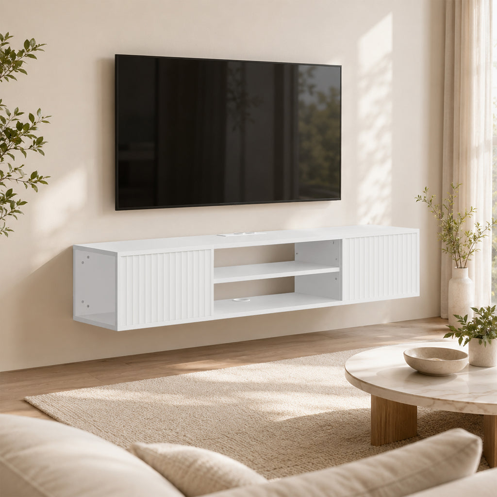 Meuble TV Suspendu Flottant 140cm avec Éclairage LED et Prises, 2 Portes Cannelées et Étagère Réglable, Blanc-1