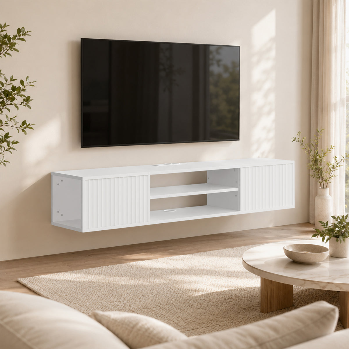 Meuble TV Suspendu Flottant 140cm avec Éclairage LED et Prises, 2 Portes Cannelées et Étagère Réglable, Blanc-1