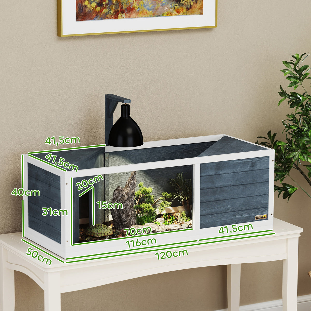 Maison pour tortues enclos avec toit ouvrant support lampe plateau fenêtre panoramique 120 x 50 x 40 cm gris-2