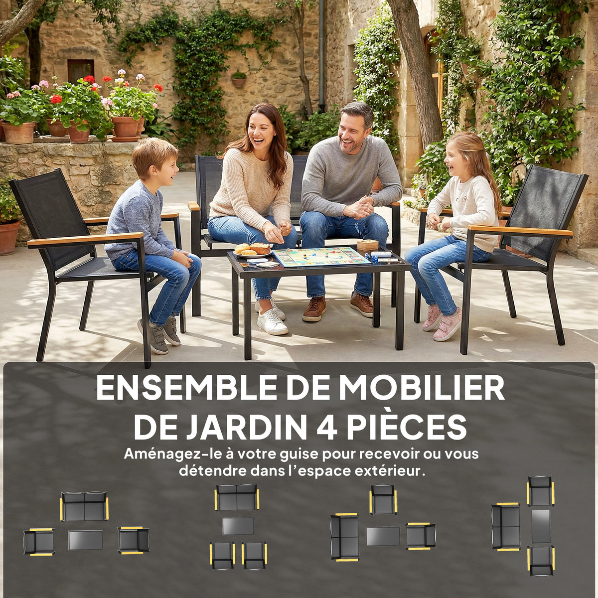 Salon de jardin extérieur 4 pièces avec canapé 2 places, 2 chaises et table basse en verre trempé, noir-3