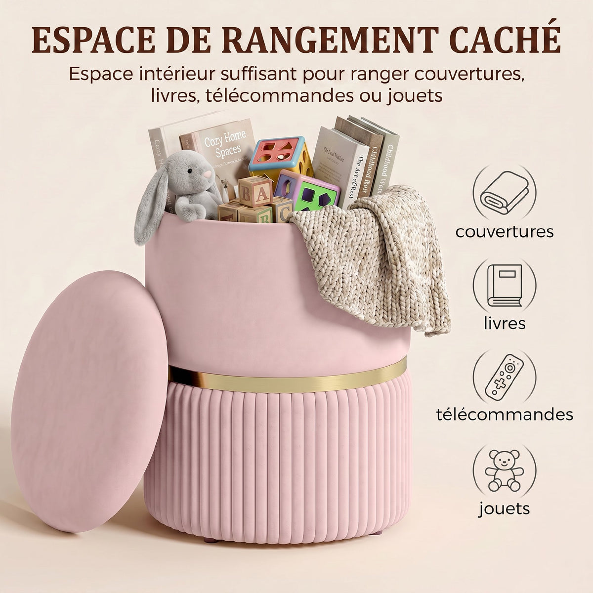 Pouf tabouret repose-pied coffre de rangement en velours côtelé 36 x 36 x 44 cm pour salon chambre rose-3