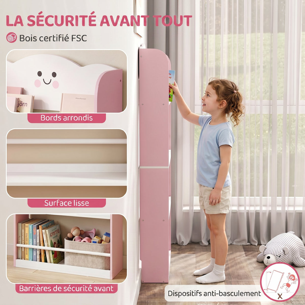 Bibliothèque pour enfant, rangement livre enfant 4 niveaux en thème barbe à papa, 60x12x108cm, rose-4