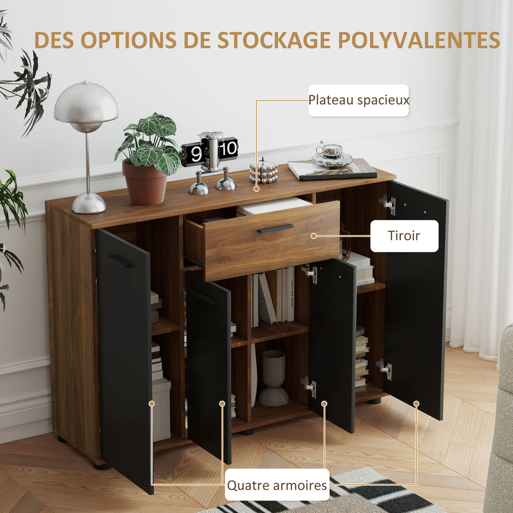 Buffet salon meuble de rangement avec 4 placards, tiroirs et étagères réglables, dim. 120 x 35 x 85 cm, marron et noir-4
