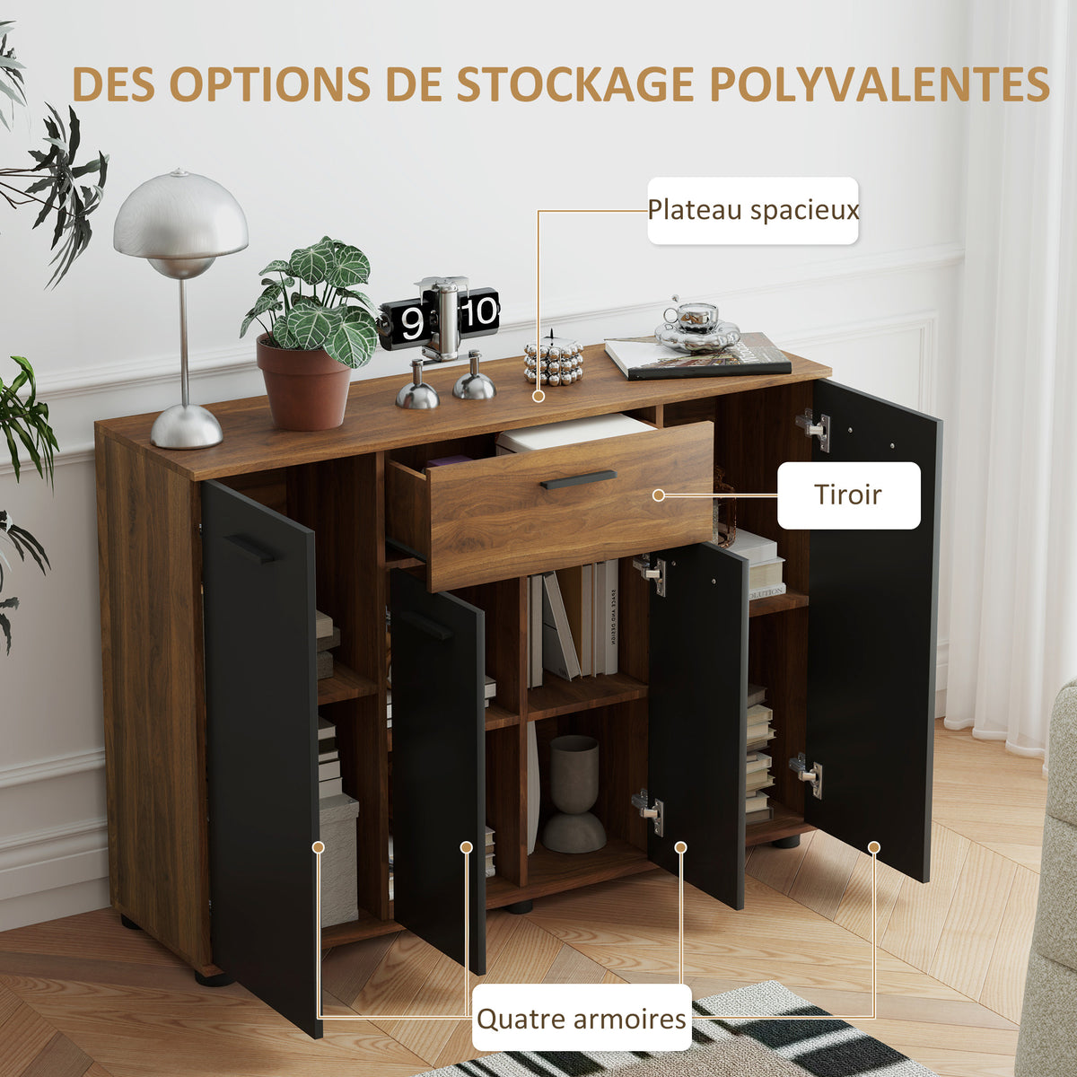 Buffet salon meuble de rangement avec 4 placards, tiroirs et étagères réglables, dim. 120 x 35 x 85 cm, marron et noir-4