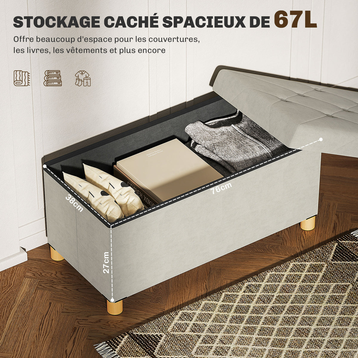 Banc de rangement bout de lit pliable volume 67 L capacité de charge 120 kg avec couvercle 76L x 38l x 38H cm crème-3