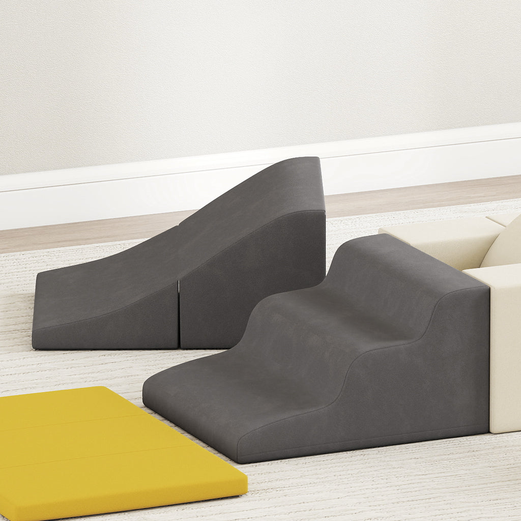 Parcours motricité bébé blocs mousse éducatifs modulables 7 pièces housse lavable en velours base antidérapante jaune-9