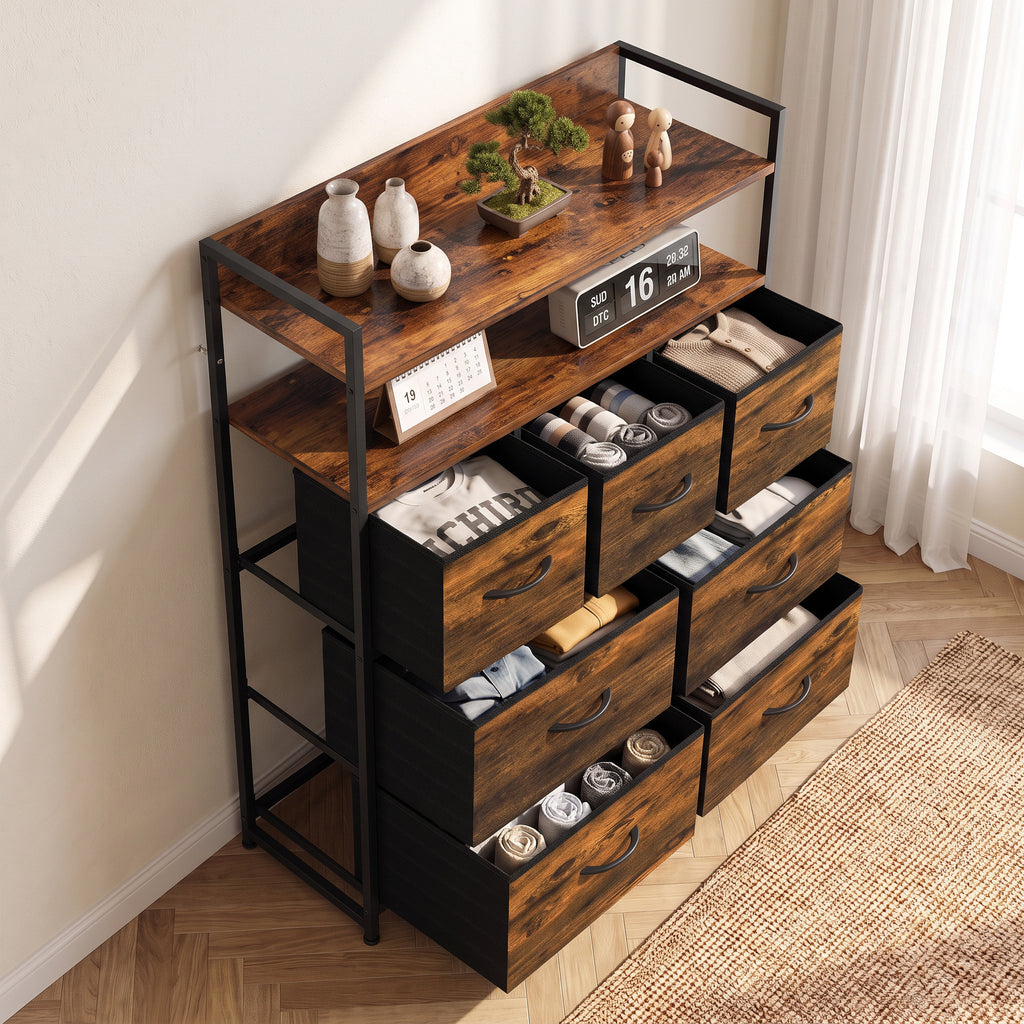 Meuble de rangement commode 7 tiroirs en tissu pliables et amovibles étagères ouvertes, brun rustique-8