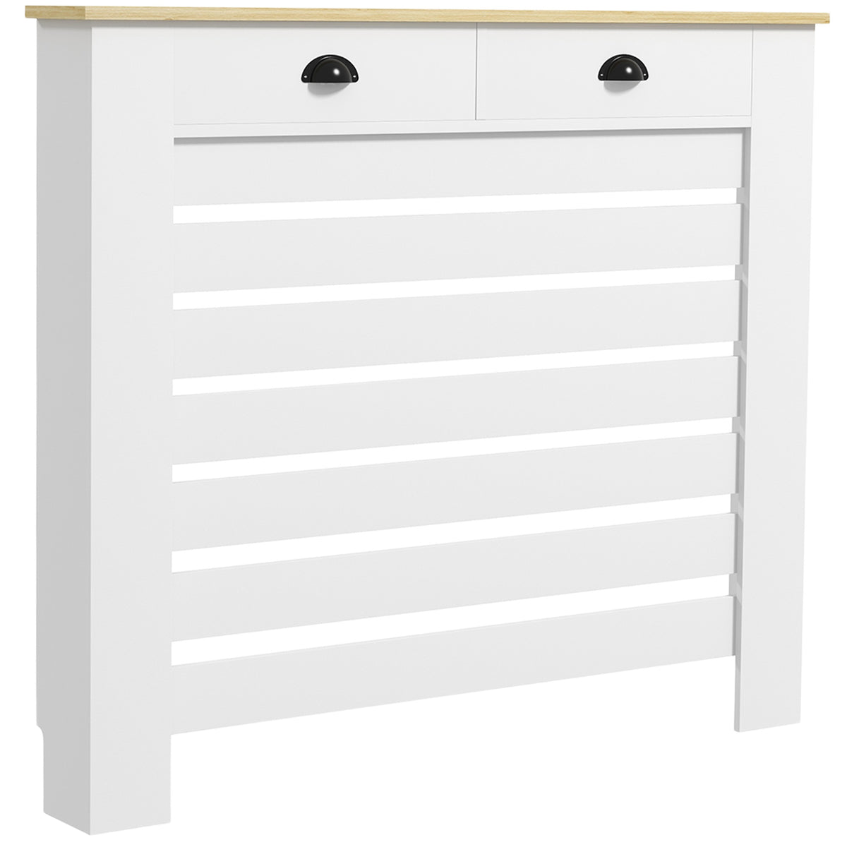 Couvercle de radiateur cache radiateur grille à lattes horizontales avec 2 tiroirs en bois 111l x 19P x 95,5H cm blanc-0