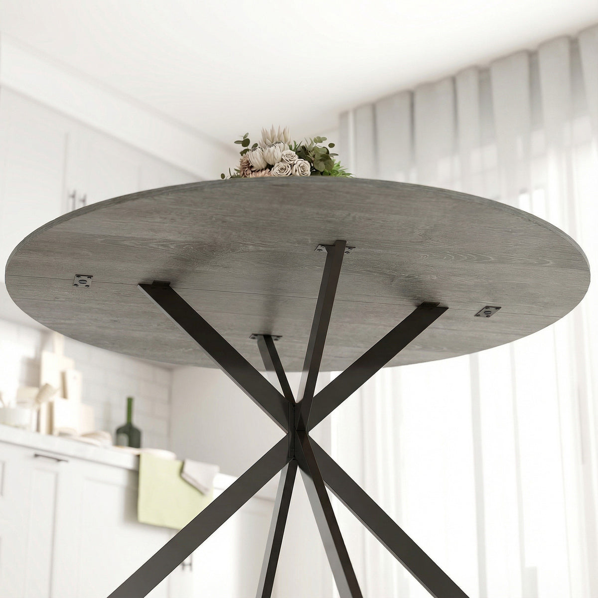 Table à Manger Ronde pour 4 Personnes 100 cm, Style Industriel avec Plateau Aspect Bois, Piètement Croisé en Acier, Gris-8