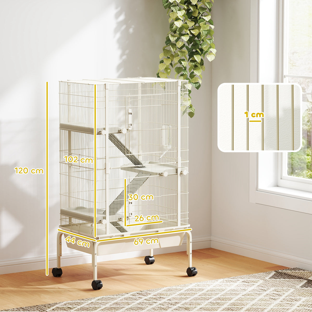 Cage pour lapin enclos à 4 niveaux avec 2 portes 3 rampes plateau profond roulettes 69 x 44 x 120 cm beige-2