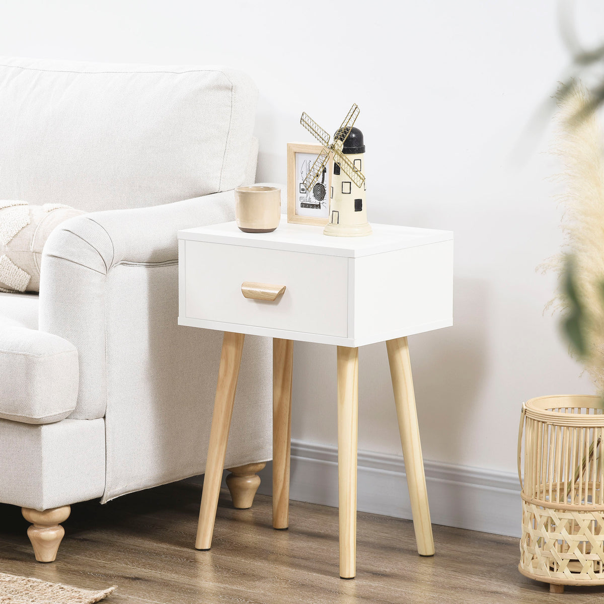 Lot de 2 tables de chevet, table de nuit moderne avec tiroir et pieds en bois massif, 40,5 x 30,5 x 60 cm, blanc-6