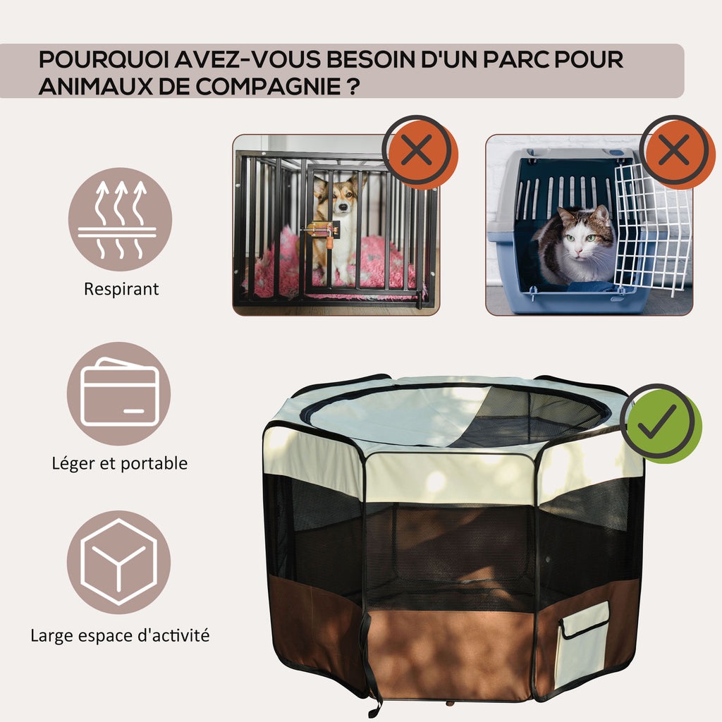 Parc enclos pliable pour chien chat petits animaux octogonal en tissu Oxford et acier Ø 90 x 41H cm marron beige-3