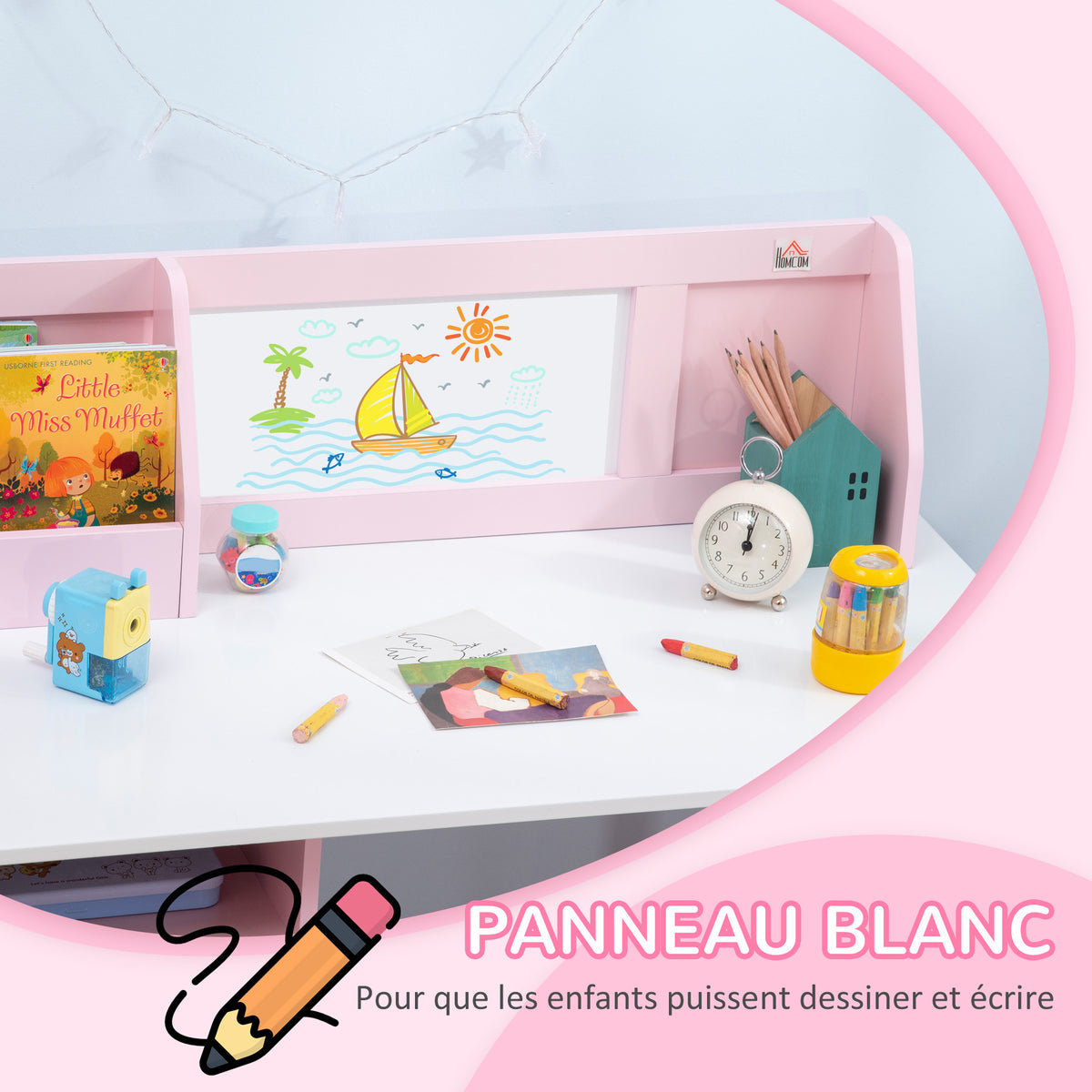 Ensemble table et chaise pour enfant avec tableau blanc - bureau pour enfant +5 ans - 90L x 45l x 85H cm rose-4