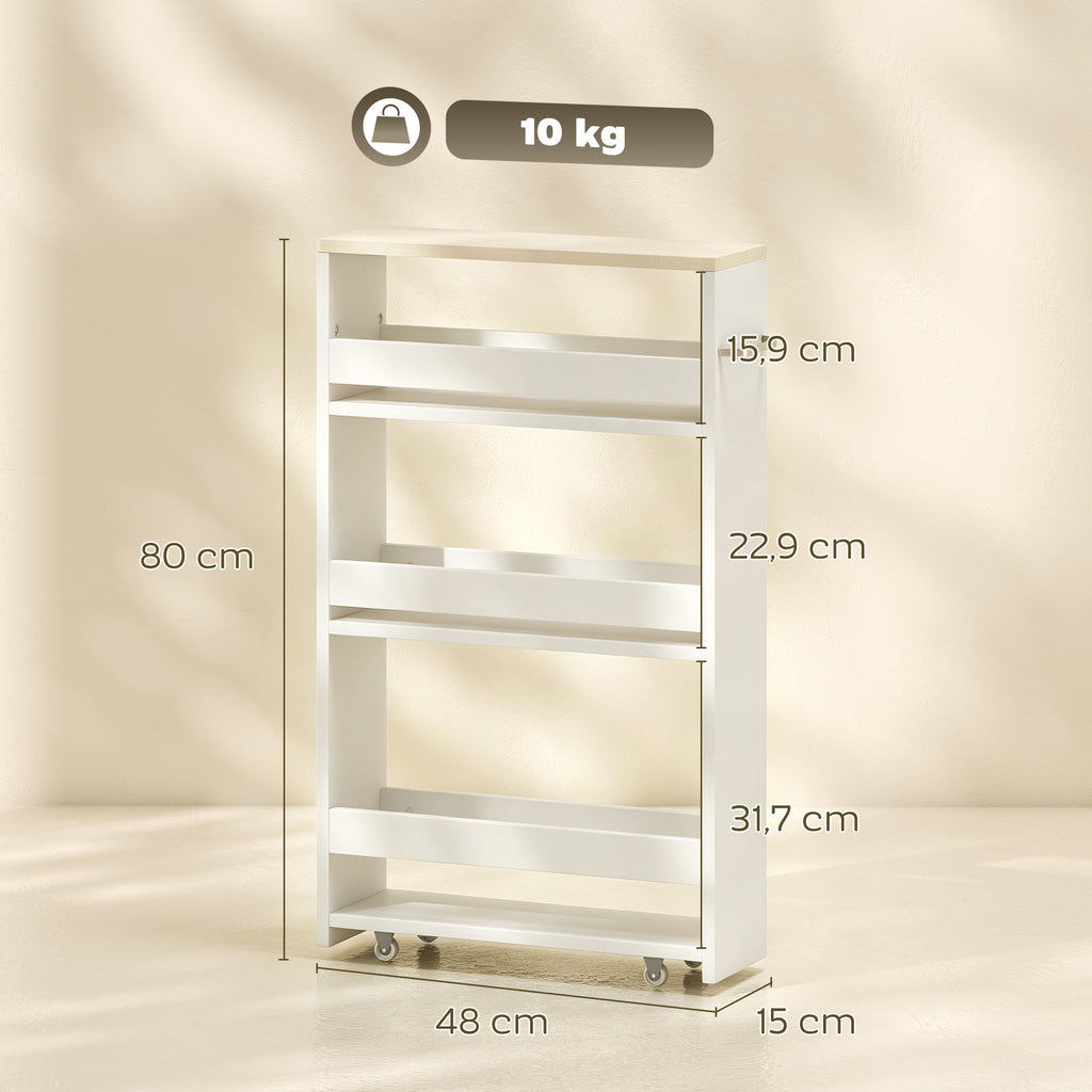 Chariot de rangement à 3 niveaux chariot de stockage étagère sur roulettes pour cuisine étroite salle de bain buanderie bureau avec poignée - 48 x 15 x 80 cm blanc-2