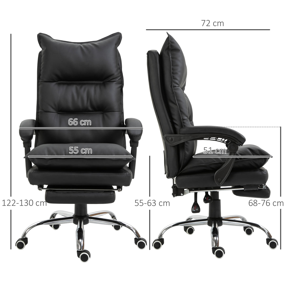 Fauteuil de bureau, chaise bureau ergonomique en similicuir avec large assise rembourrée, dossier inclinable, hauteur réglable, accoudoirs et repose-pied intégrés, charge 135 Kg, noir-2