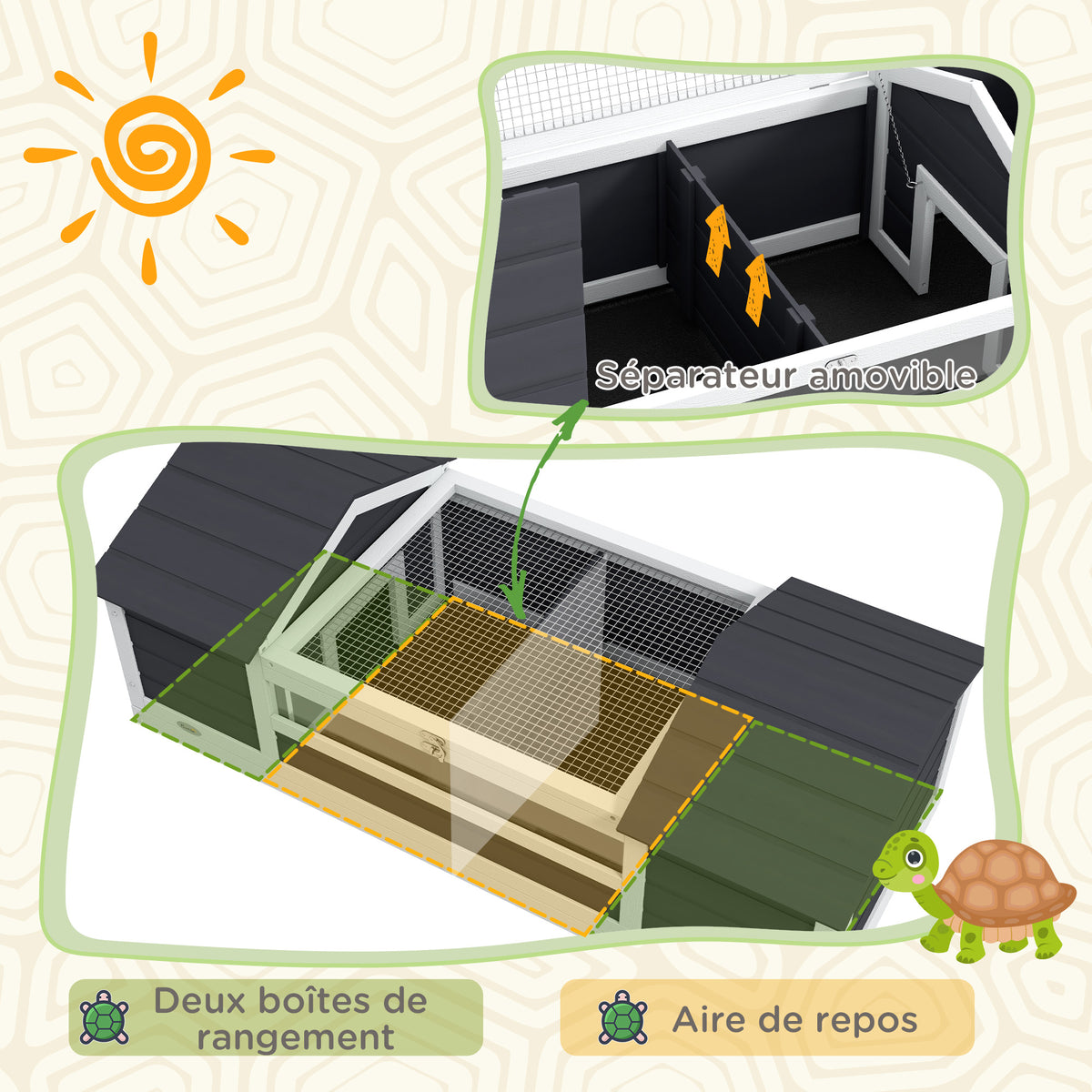 Maison tortue terrestre extérieure enclos tortue 2 niches support de lampe réglable bois massif 120 x 56,5 x 43 cm gris-3