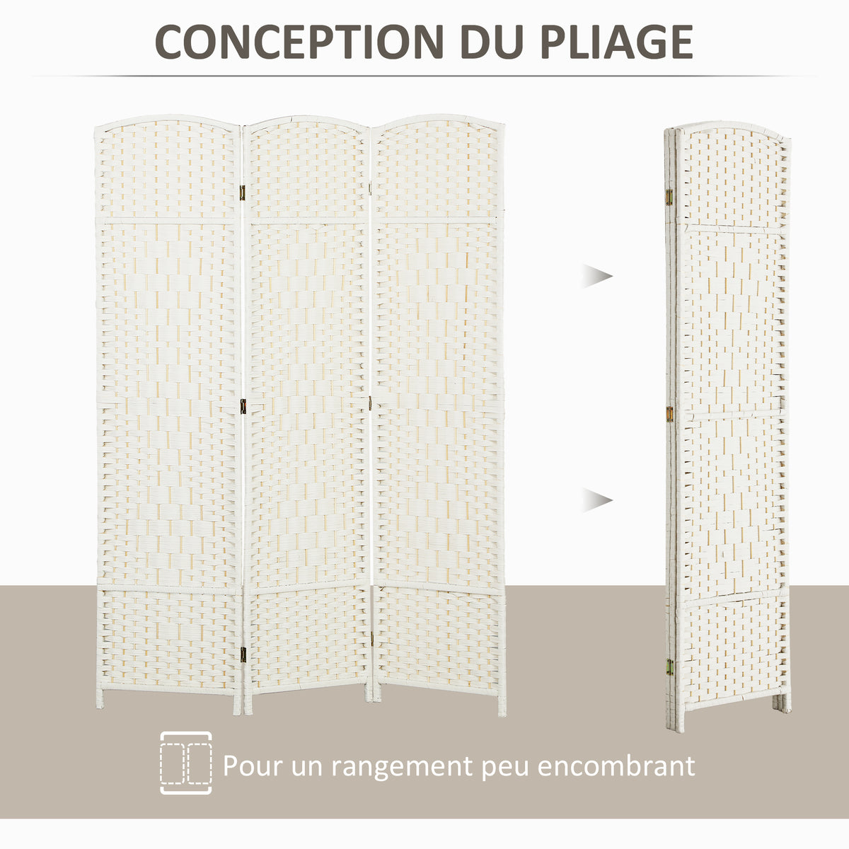 Paravent intérieur en bois 3 panneaux séparateur de pièce pliable pour salon chambre 135 x 180 cm blanc-3