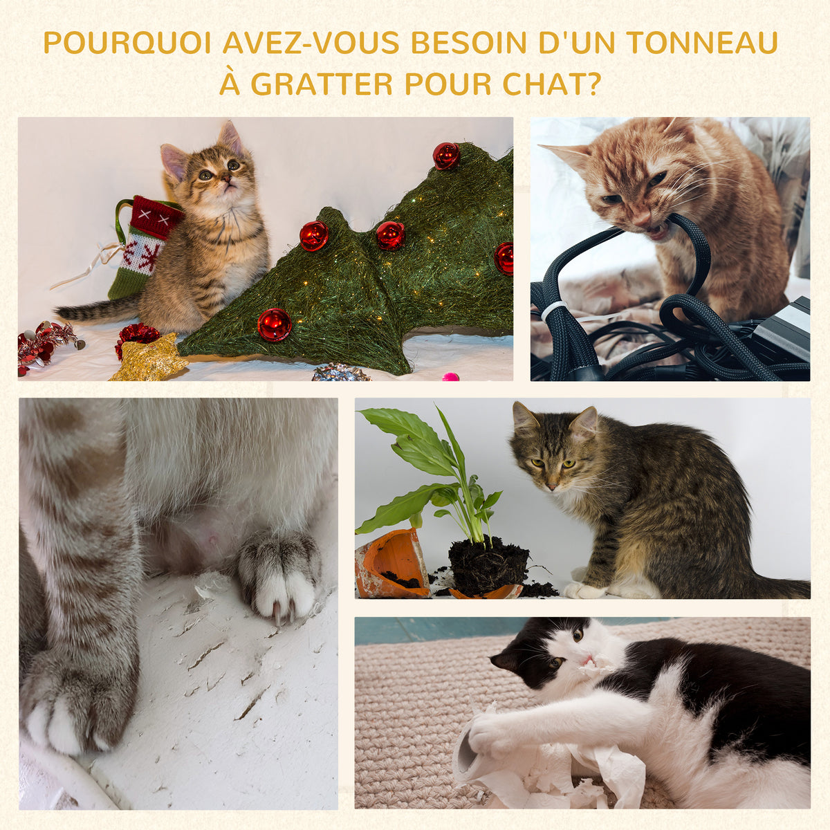 Tonneau à Gratter pour Chat, Arbre à Chat Sisal Naturel et Herbiers Marins Recouvert de Peluche, 37,5 x 37,5 x 70 cm, Kaki et Café-6