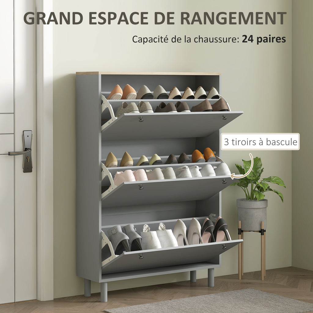 Meuble à chaussures 24 paires avec 3 tiroirs rabattables et étagères réglables, 80x23,5x121cm, gris-3