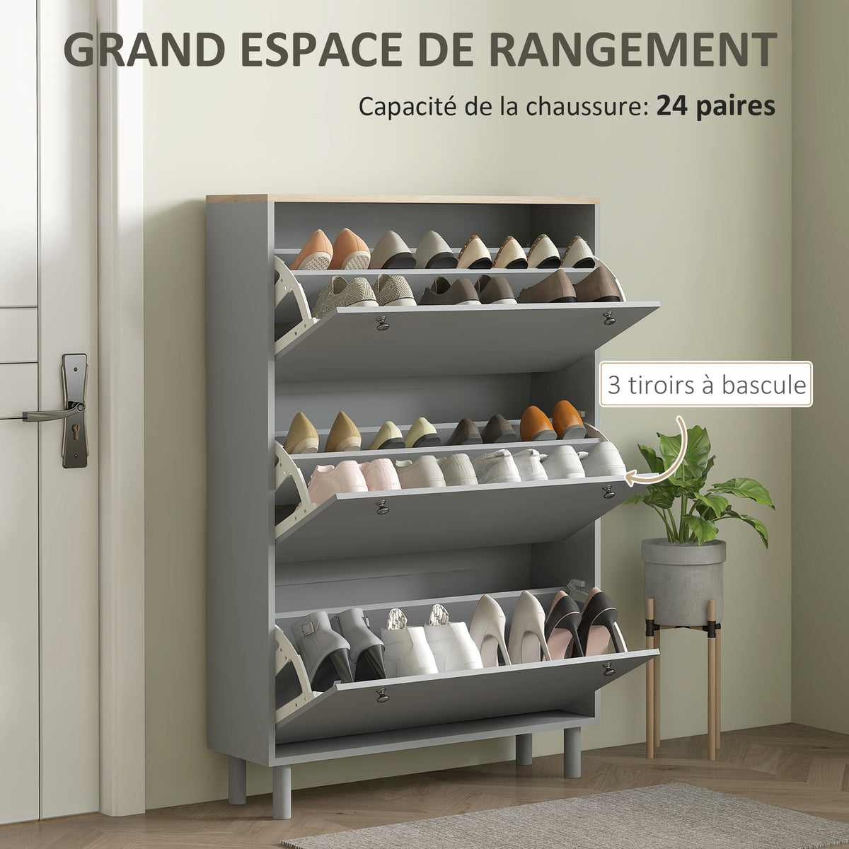 Meuble à chaussures 24 paires avec 3 tiroirs rabattables et étagères réglables, 80x23,5x121cm, gris-3