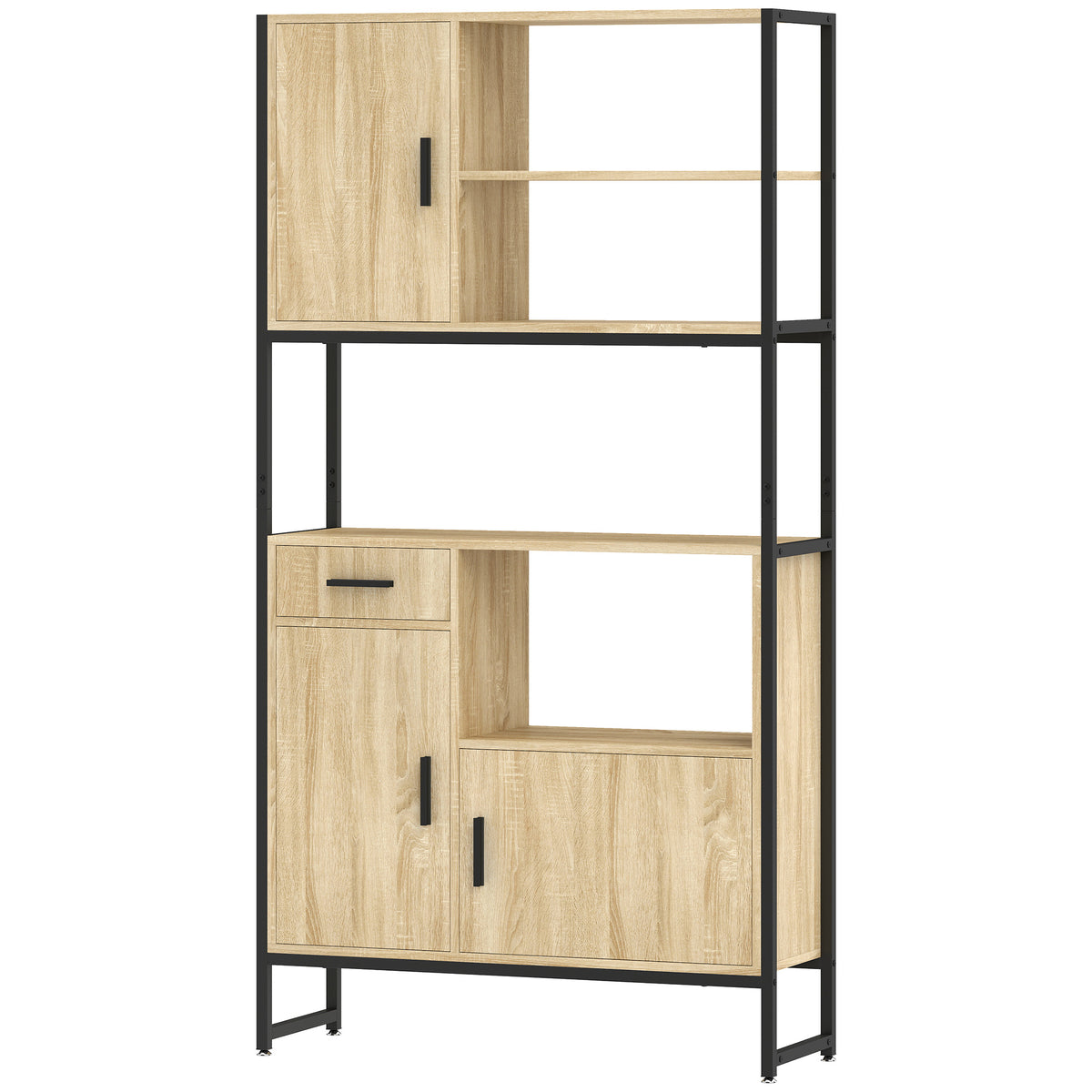 Buffet Haut Cuisine, Armoire de Cuisine, 3 Portes à Fermeture Douce, Tiroir, Plan de Travail, Niches Ouvertes, Naturel-0