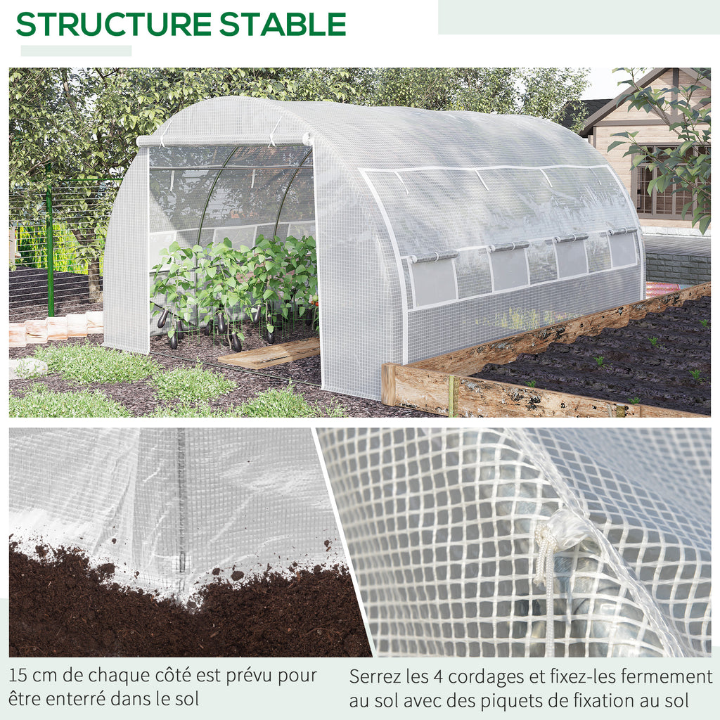 Serre de jardin serre tunnel 12 m² avec porte, parois latérales enroulables 8 fenêtres acier PE  4 x 3 x 2 m blanc-5