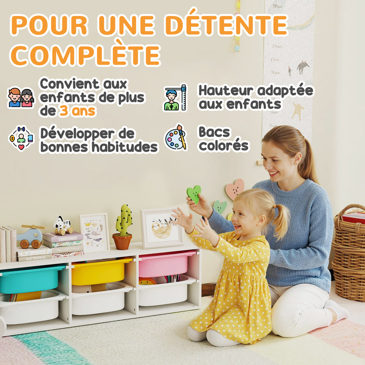 Meuble rangement enfant à 2 niveaux, étagère de rangement pour jouets enfants avec 6 bacs amovibles, 97x21x29cm, blanc-4