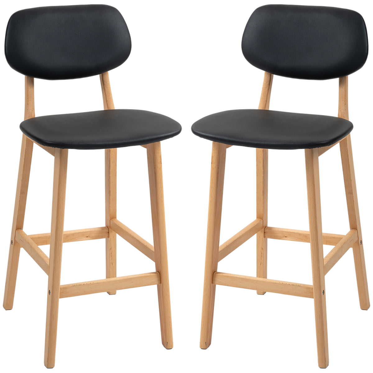 Lot de 2 tabourets de bar, chaises hautes, revêtement synthétique avec dossier et pieds en bois, noir-0