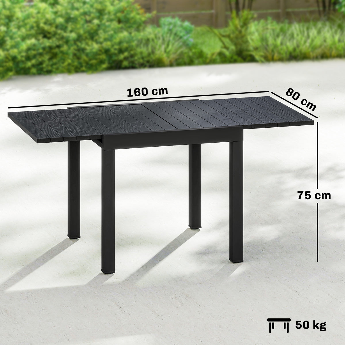 Table de jardin extensible pour 4-6 personnes avec rallonge auto-stockée aluminium avec effet bois 80-160 x 80 cm noir-2