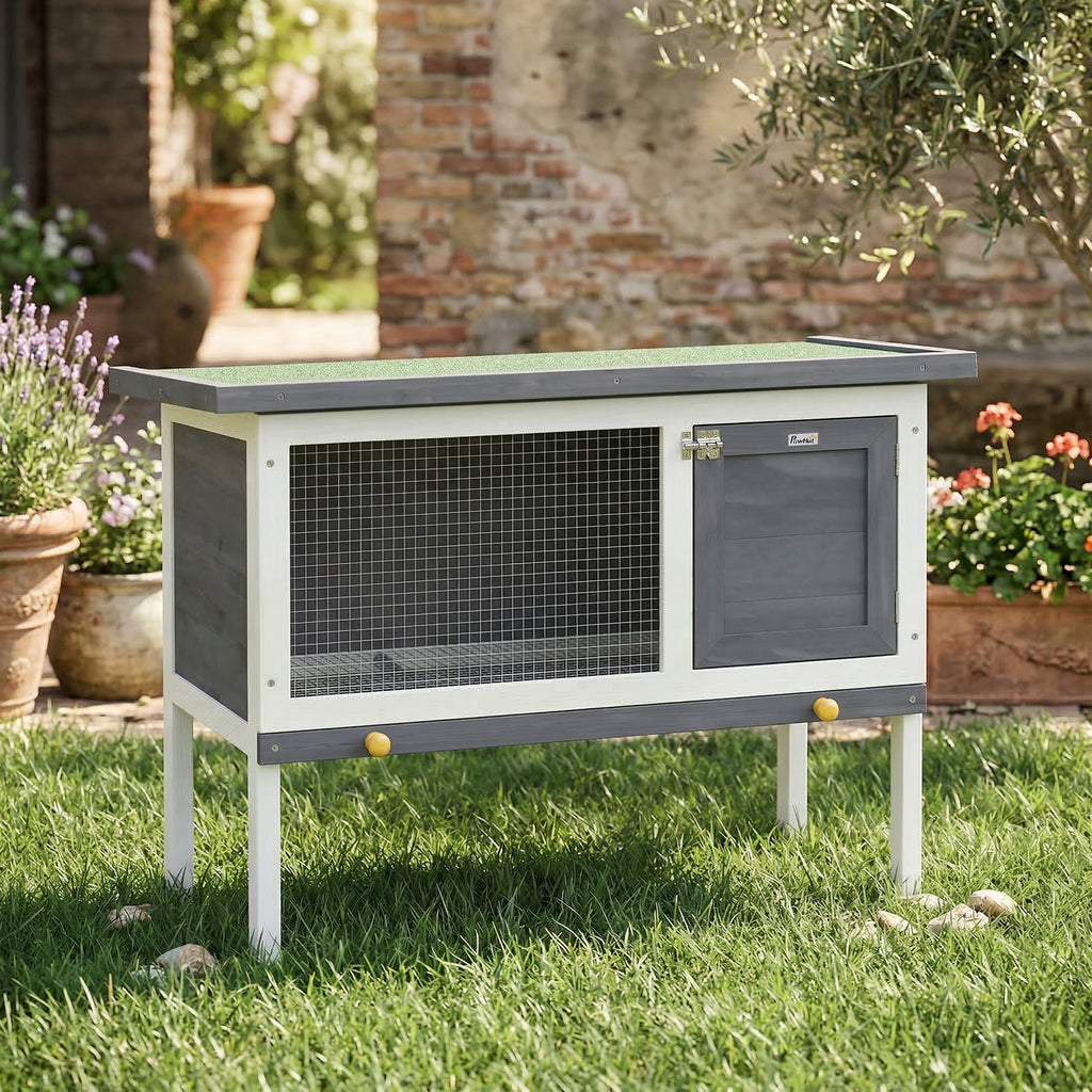 Clapier Lapin Extérieur en Bois, avec Toit Ouvrable en Asphalt et Plateau Coulissant, Design Surélevé, 90x45x65cm, Gris-1