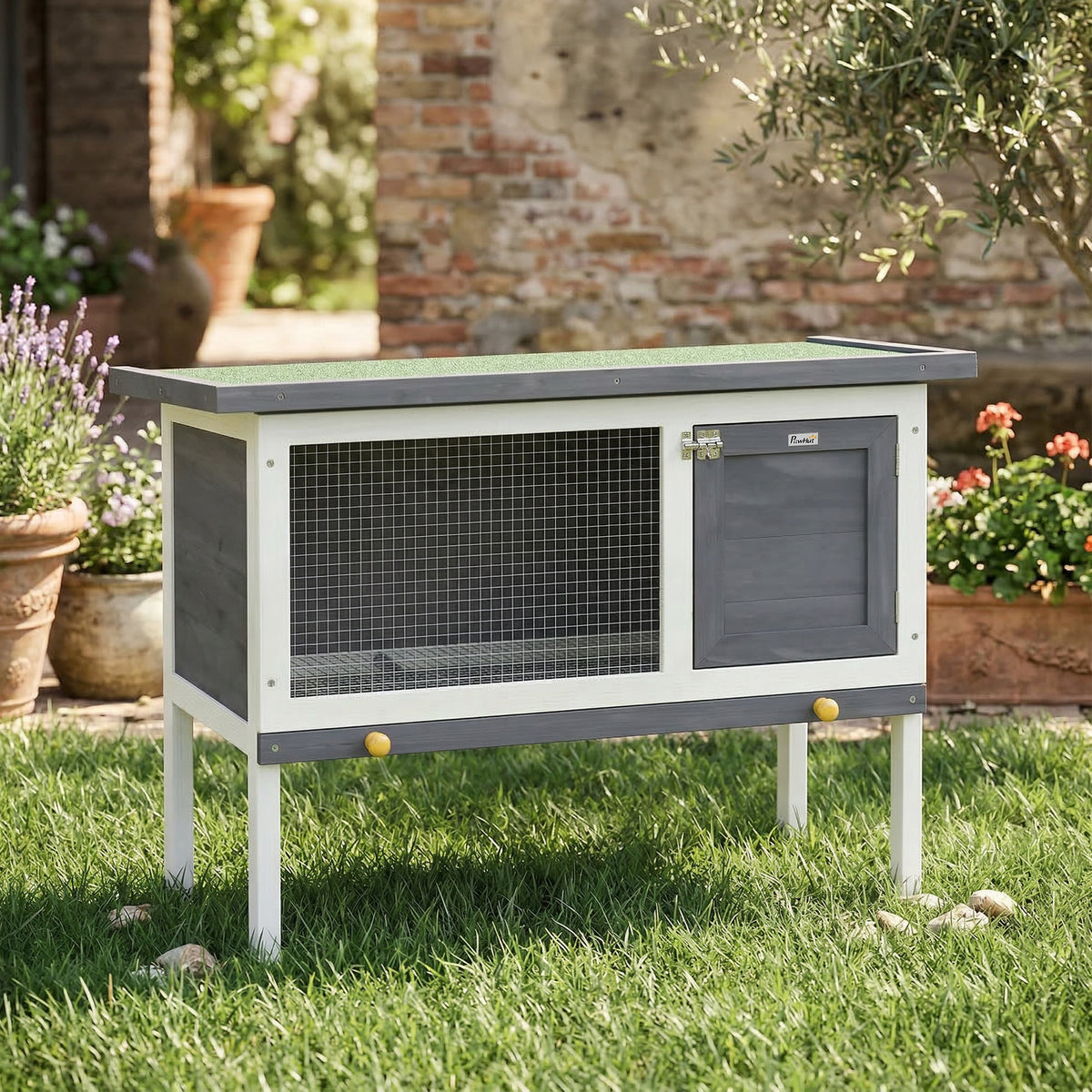 Clapier Lapin Extérieur en Bois, avec Toit Ouvrable en Asphalt et Plateau Coulissant, Design Surélevé, 90x45x65cm, Gris-1