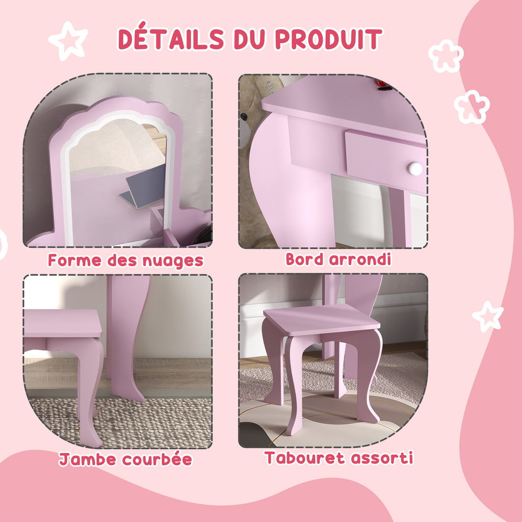 Coiffeuse pour enfant avec tabouret et miroir, table de maquillage avec tiroir et 2 compartiments, 55x36x86cm, rose-6