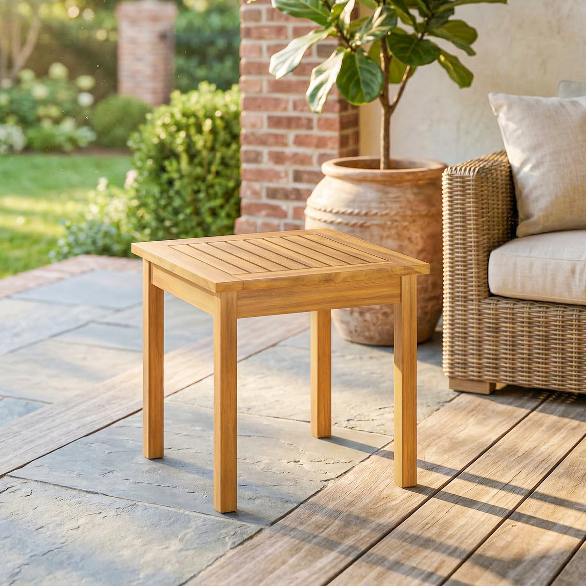 Table Basse de Jardin Carrée en Bois d'acacia Massif, avec Plateau à Lattes, Pieds Réglables, 48x48x46cm, Naturel-1