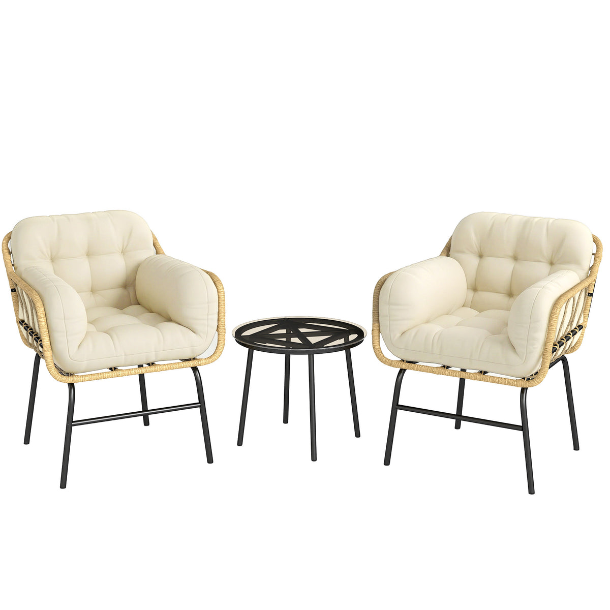 Salon de Jardin Extérieur 3 Pièces en Résine Tressée, Table en Verre Trempé, 2 Fauteuils avec Coussins, 62x73x79cm, Crème-0