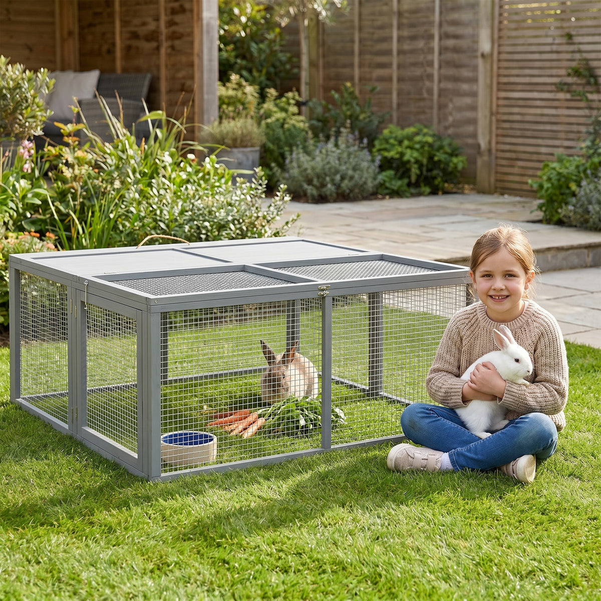 Clapier à lapins cage lapin pliable avec poignée dessus ouvrable pour 2 à 3 lapins cochons d'inde 110 x 105 x 50 cm gris-1