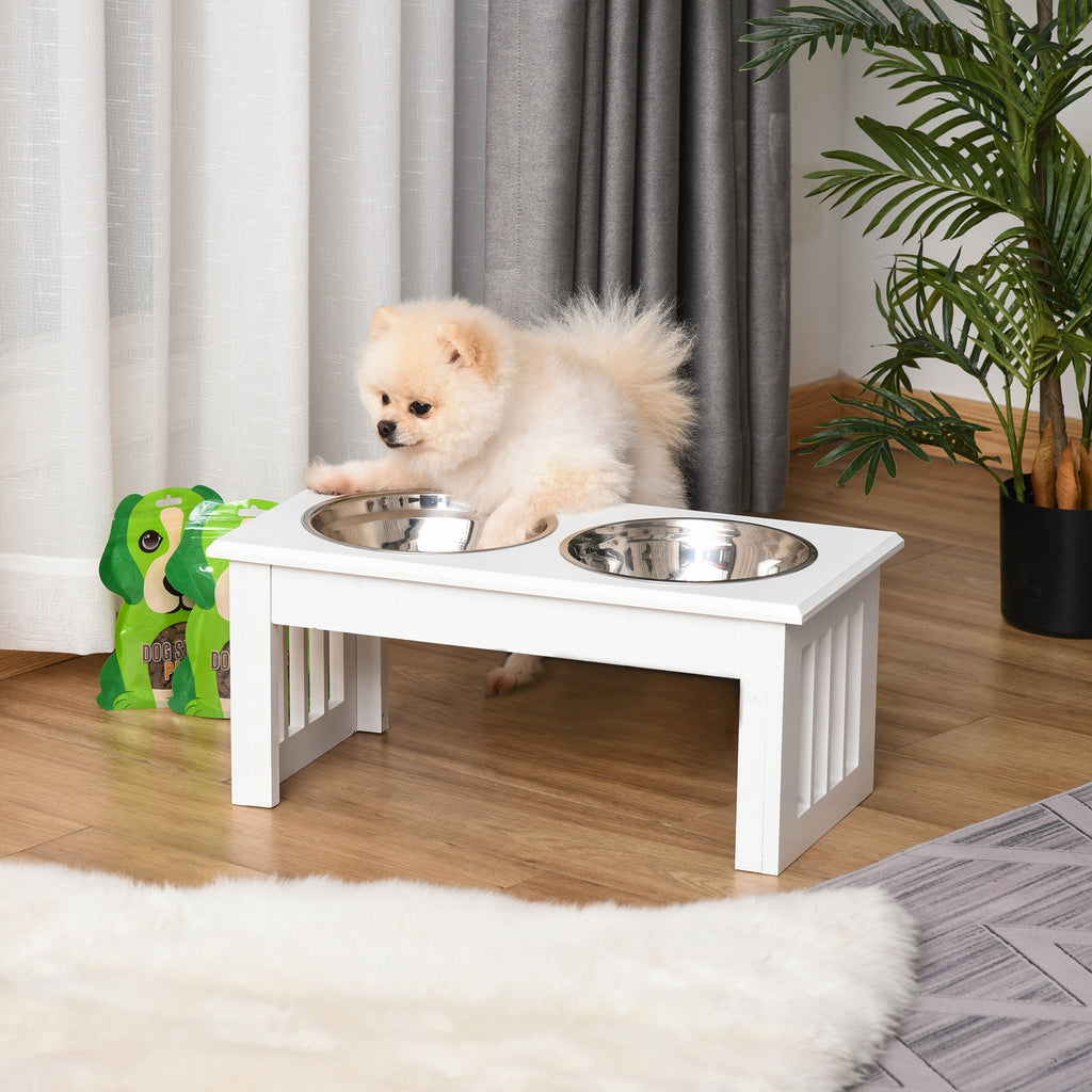 Gamelles chiens surélevées gamelle double chien chat Porte-gamelles surélevé dim. 44L x 24l x 15H cm 2 gamelles 0,9L acier inox. incluses bois blanc-1