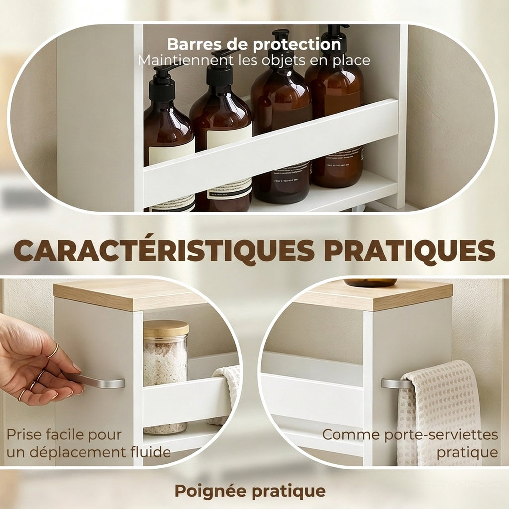 Chariot de rangement à 3 niveaux chariot de stockage étagère sur roulettes pour cuisine étroite salle de bain buanderie bureau avec poignée - 48 x 15 x 80 cm blanc-6