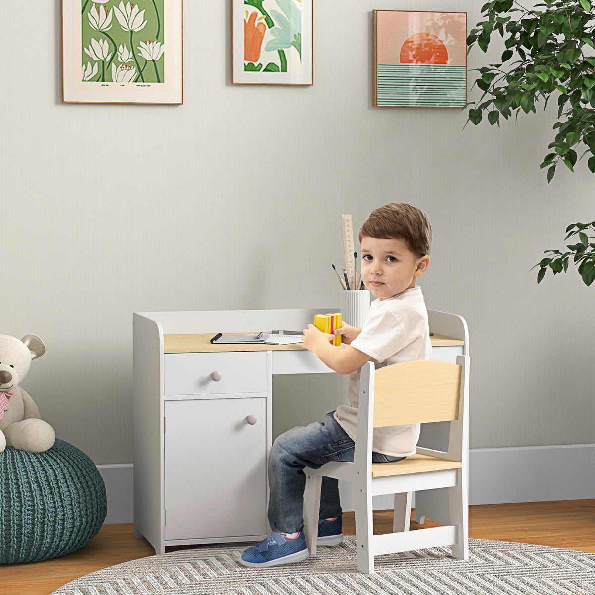 Bureau enfant avec chaise, table enfant avec tiroir, placard et large plateau, pour 3 à 6 ans, 80 x 39 x 59 cm, blanc-1