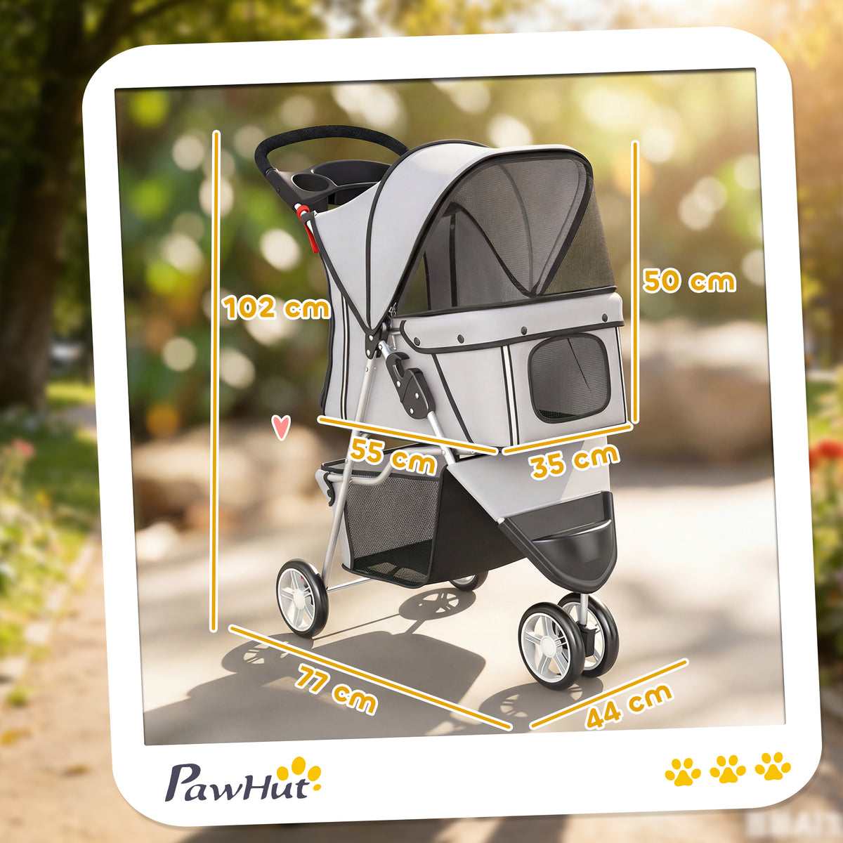 Poussette pour Chien 4 Roues, Chariot Pliable avec Auvent Réglable, Panier de Rangement, 77x44x102cm, Gris-2