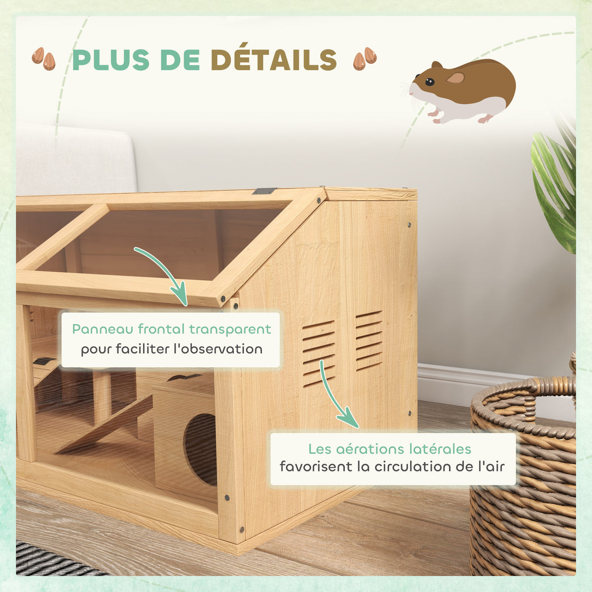 Cage hamster en bois habitat grand pour rongeur ventilation couvercle ouvrant et accessoires 85x45x44cm bois naturel-5