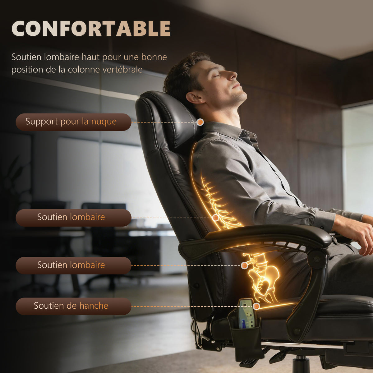 Fauteuil de Bureau Massant 7 Points, Chaise de Bureau Ergonomique avec Repose-pieds Rétractable, Dossier Inclinable 155°, Hauteur Réglable, Pivotant à 360°, télécommande Filaire, Noir-4