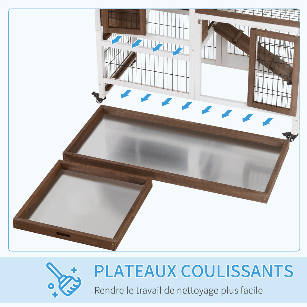 Clapier à lapin sur roulettes cage à lapin 2 étages 2 portes verrouillables 2 plateaux coulissants rampe-5